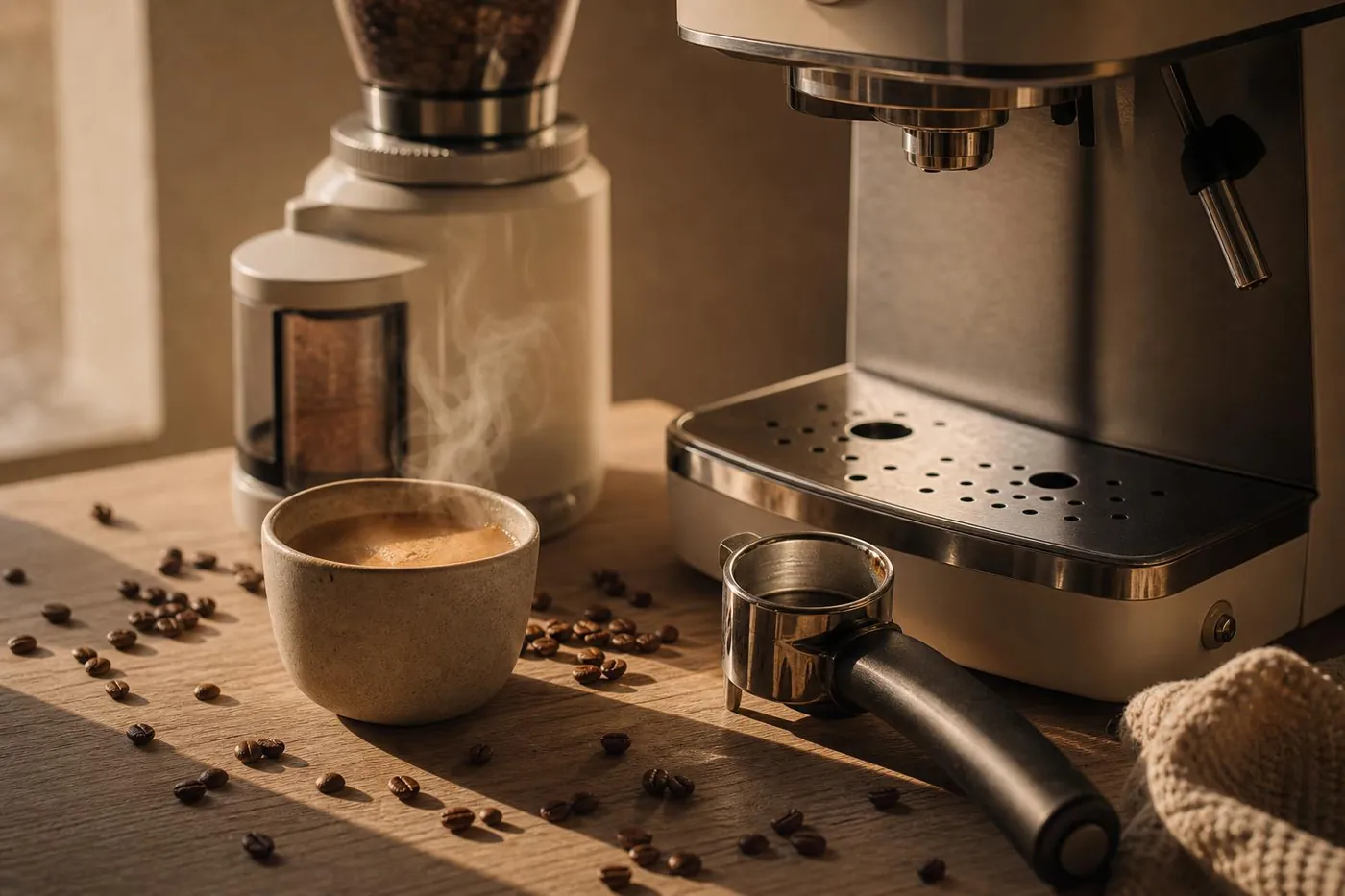 Cafetera de espresso sobre encimera de madera con taza humeante