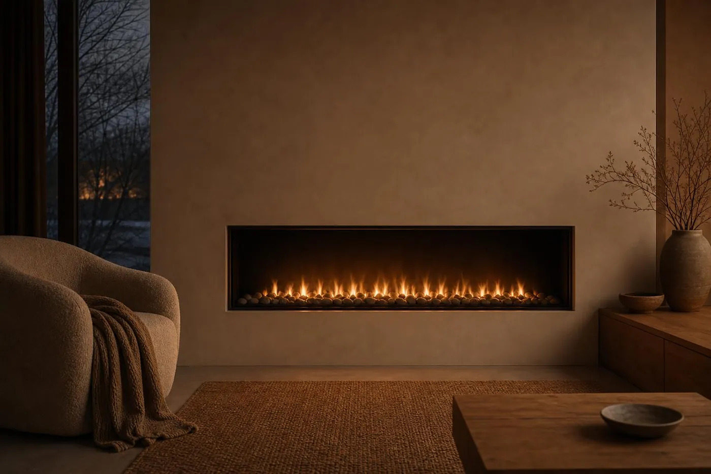 Chimenea eléctrica encendida en un salón de tonos crema con butaca y manta