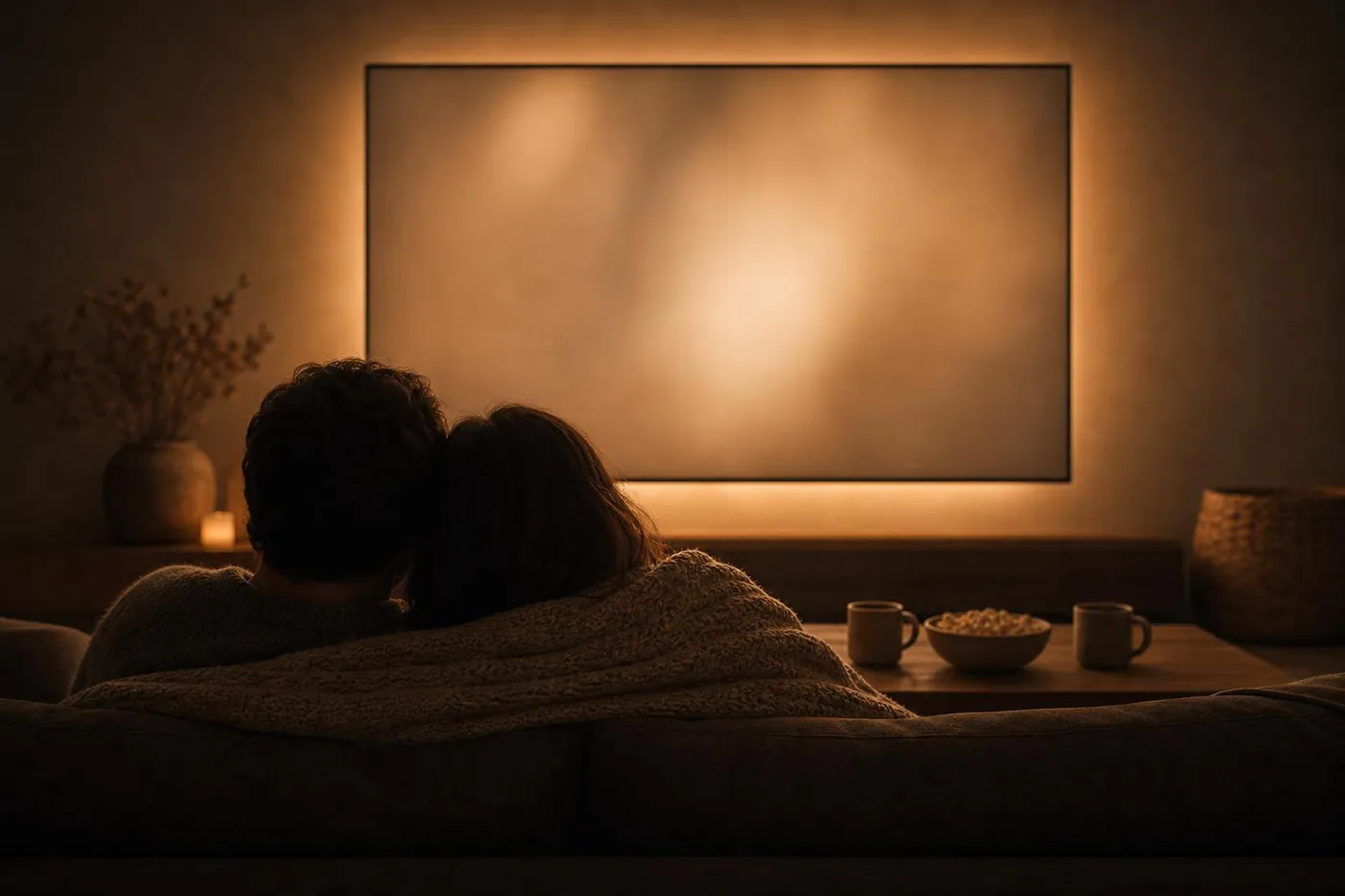 Pareja tapada con una manta viendo una película en un salón a oscuras