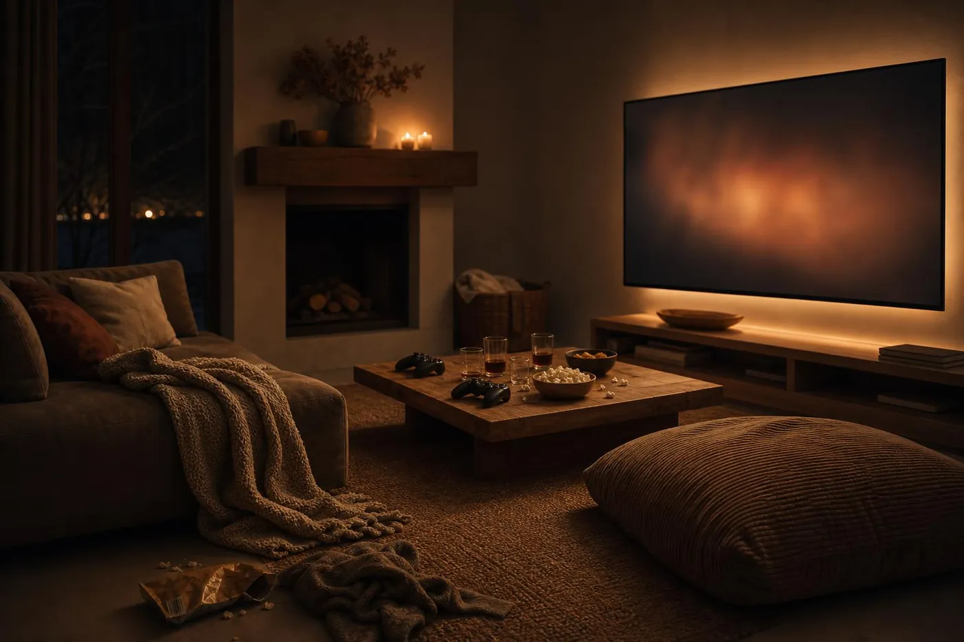 Salón a oscuras preparado para jugar: pantalla grande, mandos sobre la mesa baja y un puf junto al sofá