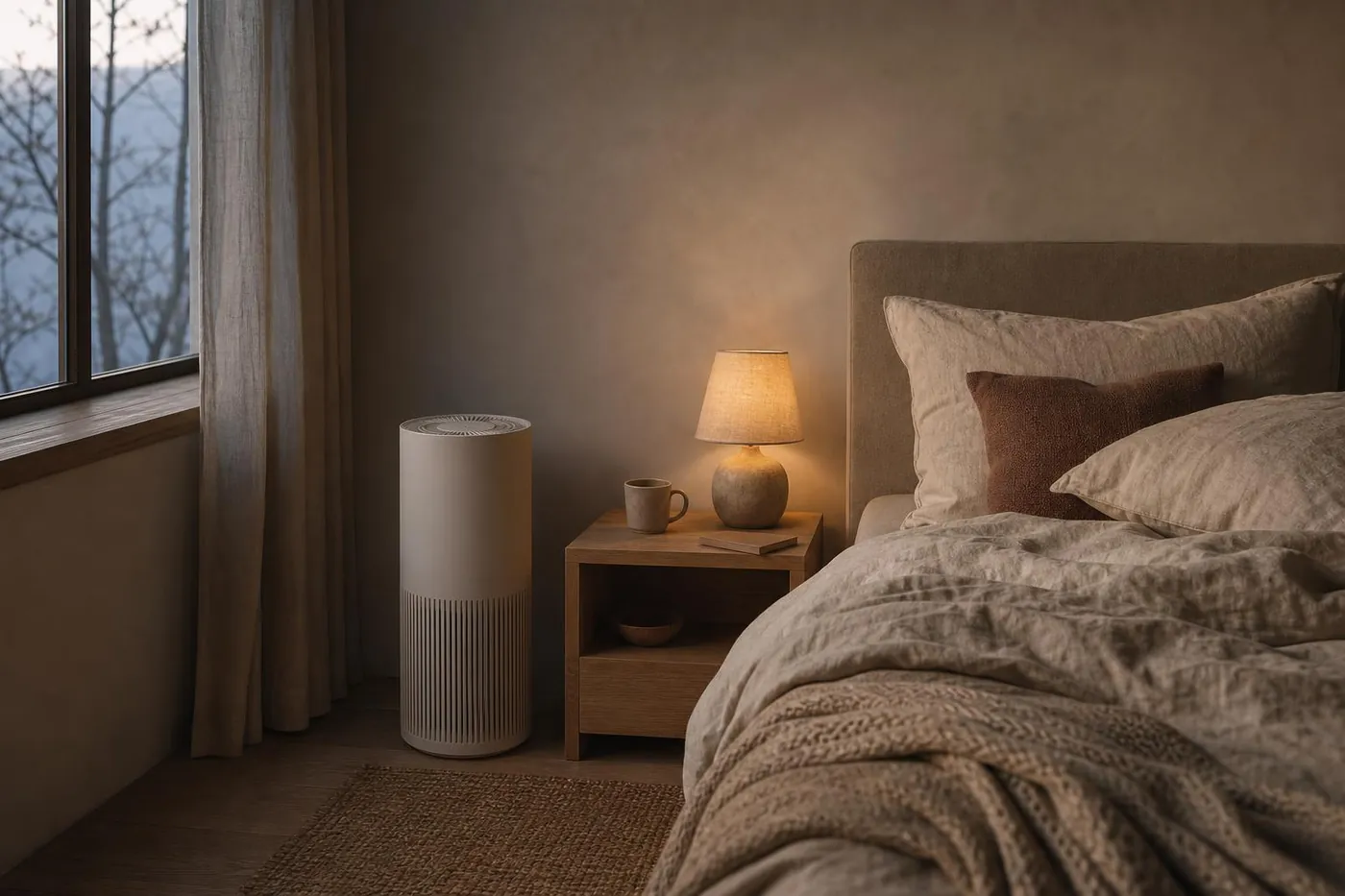 Purificador de aire junto a una cama con ropa de cama de lino