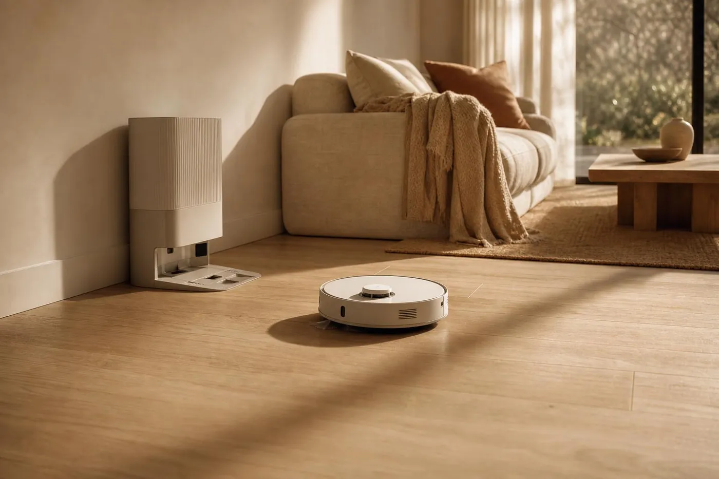 Robot aspirador con base de autovaciado sobre suelo de madera