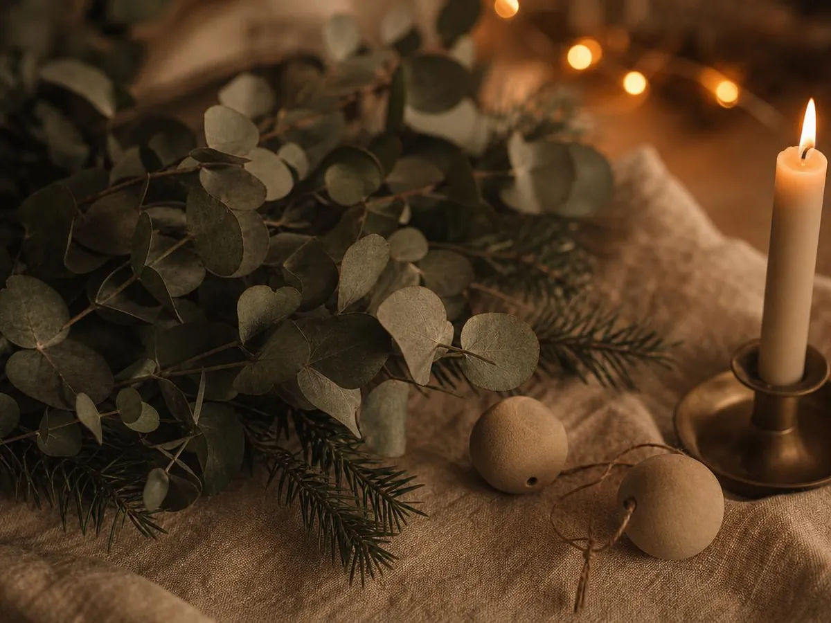 Detalle de decoración navideña cálida con velas y ramas