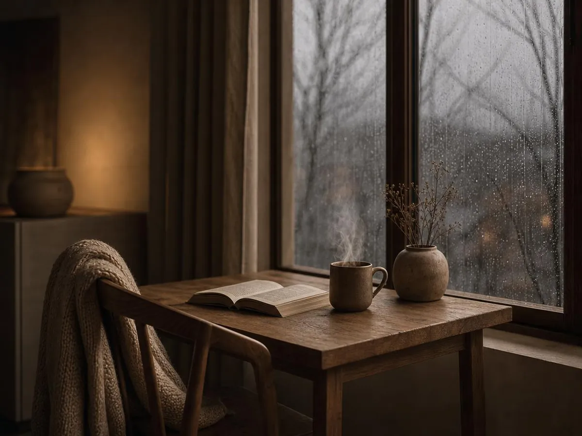 Mesa junto a la ventana con libro, taza y manta en día de lluvia