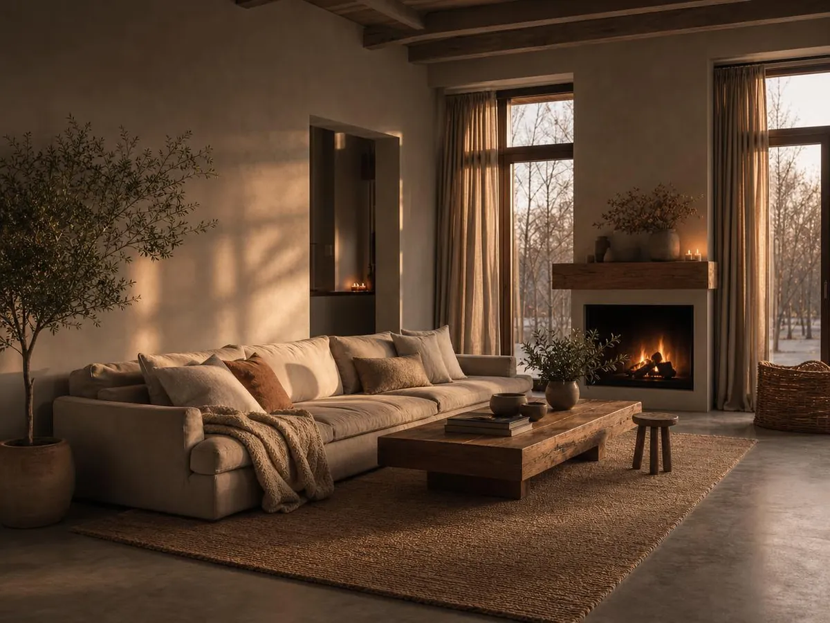 Salón acogedor con sofá amplio, manta y luz de tarde