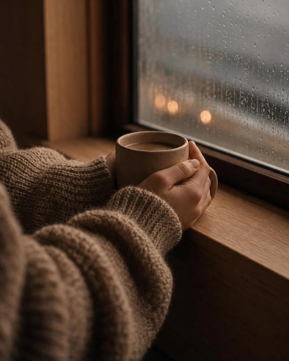 Manos sosteniendo una taza de café junto a una ventana con lluvia